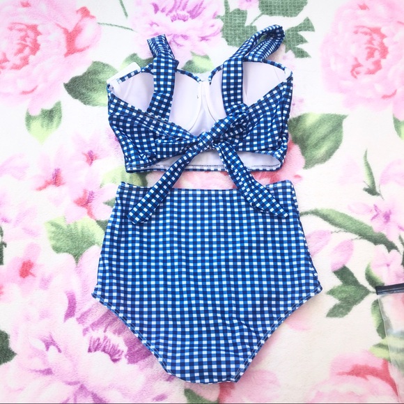 NEW Blue/White Gingham Push-Up High Waist Two Piece Bikini - Picture 7 of 7